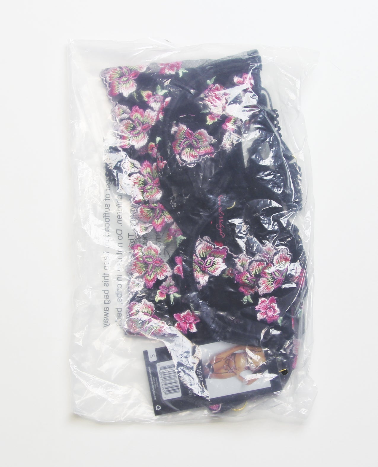 Floral Lace and Mesh Long Line Underwire Bra w/Garter & G-String - Black/Pink MD