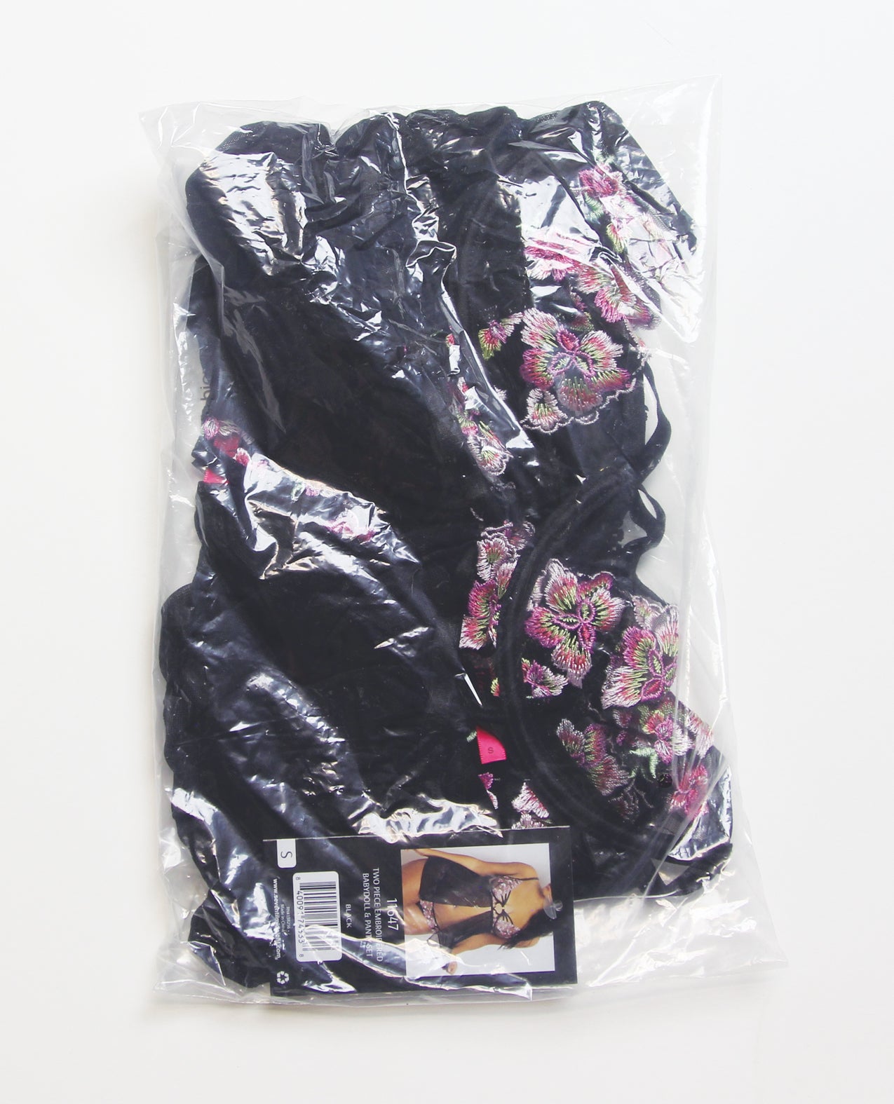 Floral Lace and Mesh Underwire Babydoll w/Open Back Panty 2 pc Set - Black/Pink XL