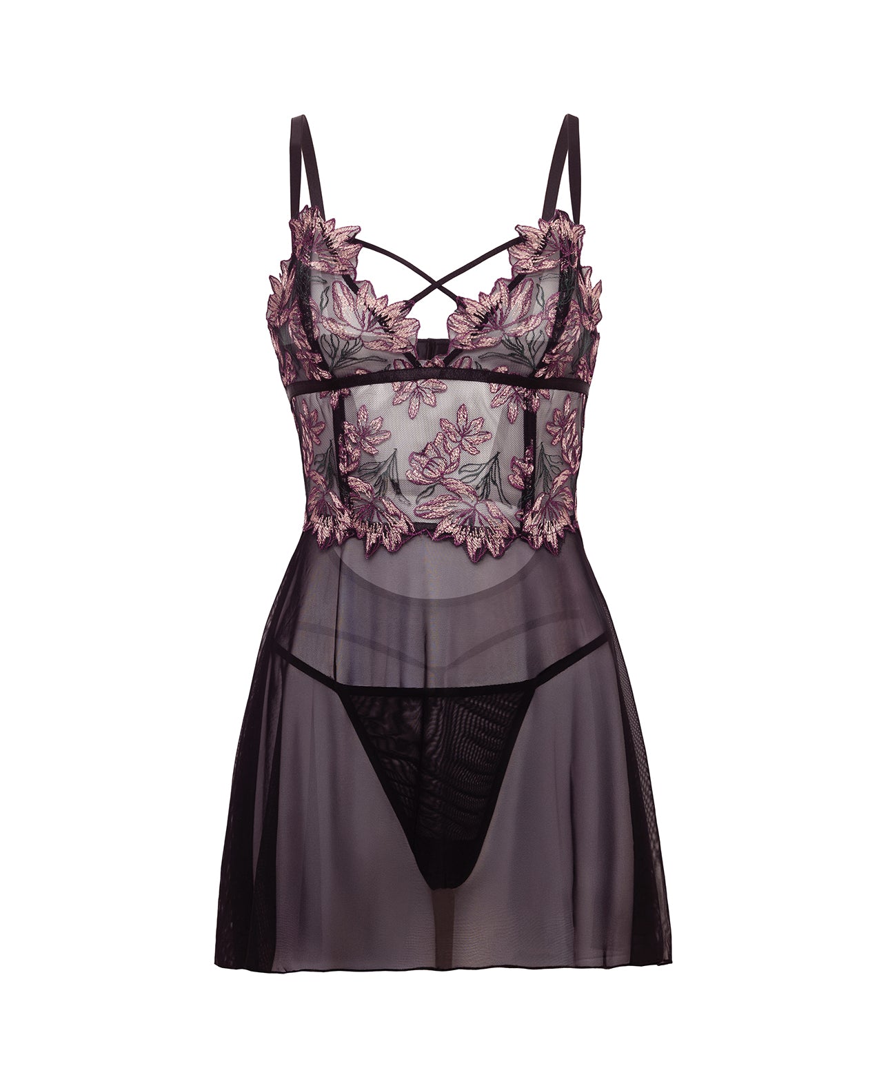 Adela Embroidered Boned Lace and Mesh Babydoll w/G-String 2 pc Set - Black/Pink XL