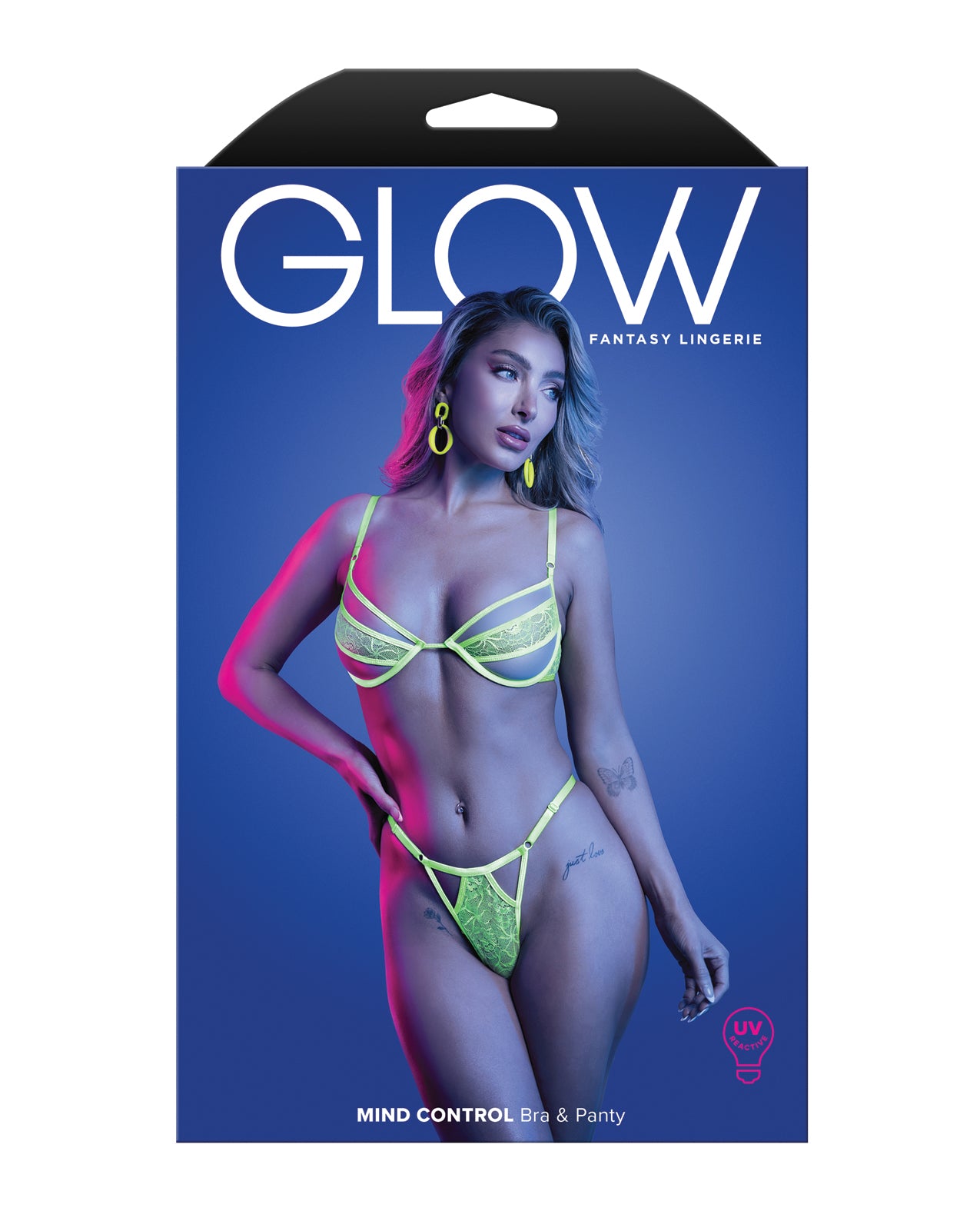 Mind Control UV Reactive Lace and Mesh Underwire Bra & Thong - Neon Green M/L