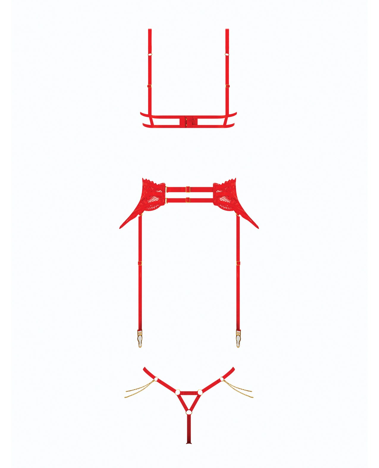 Cecily Lace Cut-Out Bra & Thong w/Garter Straps - Red LG