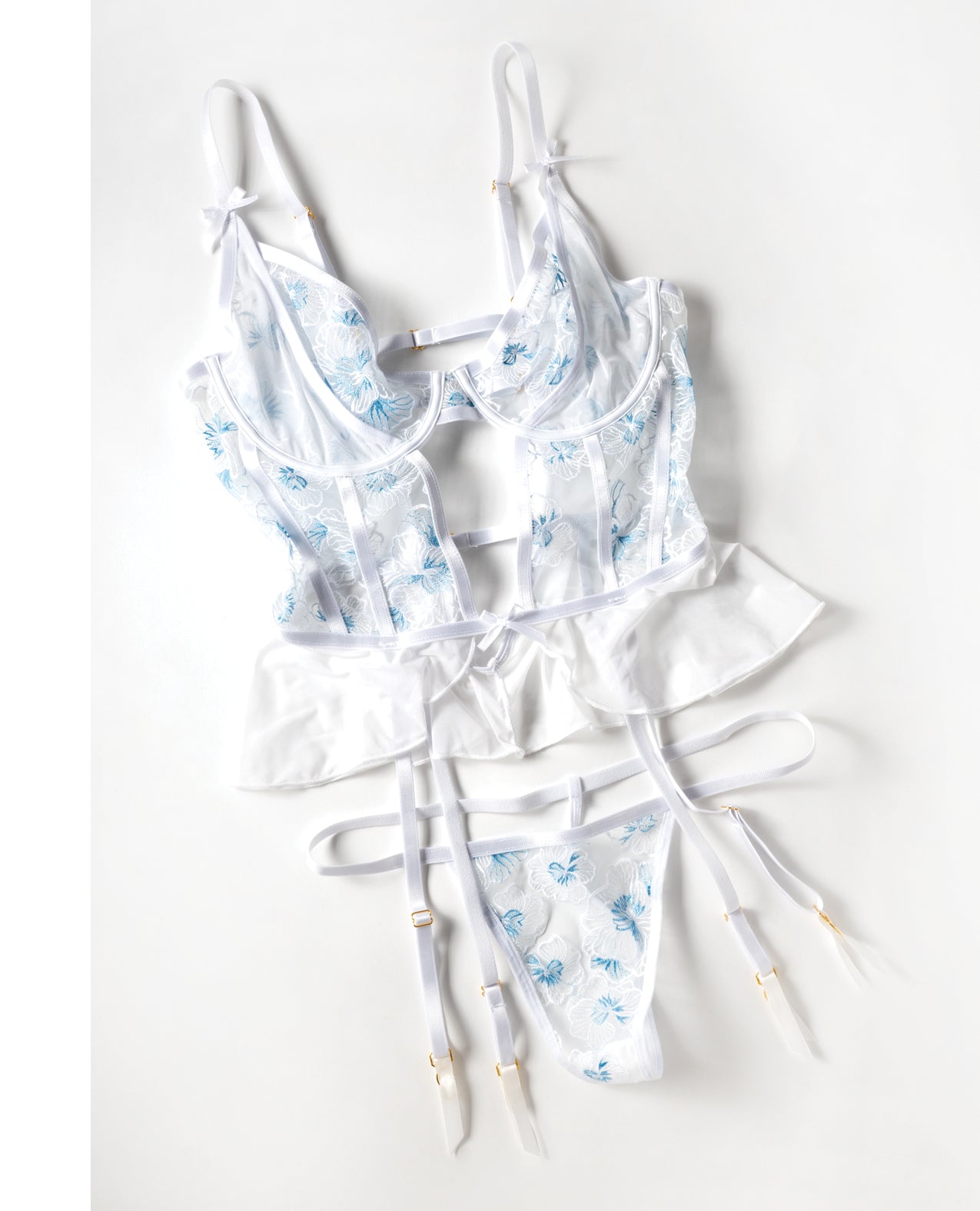 Elena Floral Embroidered Bustier w/Ruffles & Matching Panty - White XL