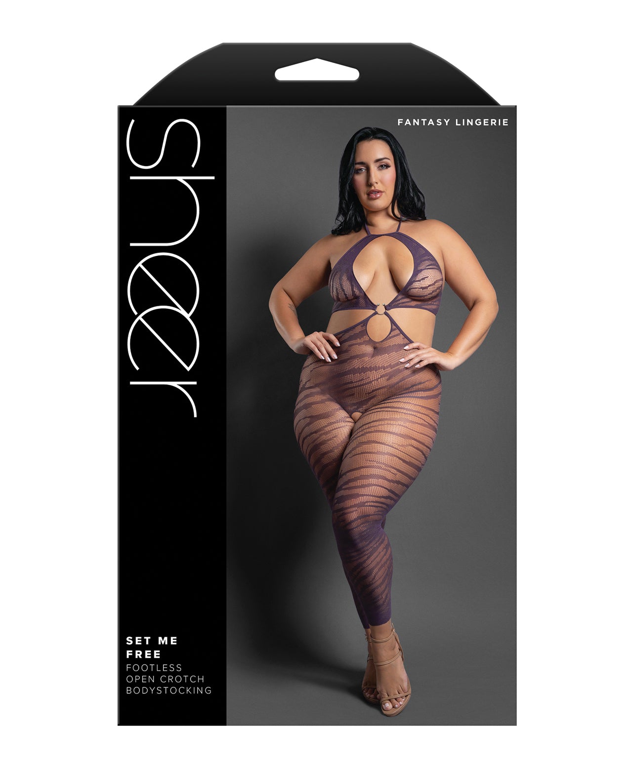 Sheer Set Me Free Mesh Body Stocking w/Zebra Pattern & Open Crotch - Purple QN