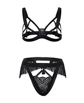 Annika Open Cup 2 pc Set w/Fringe and Tassel Detail - Black S/M