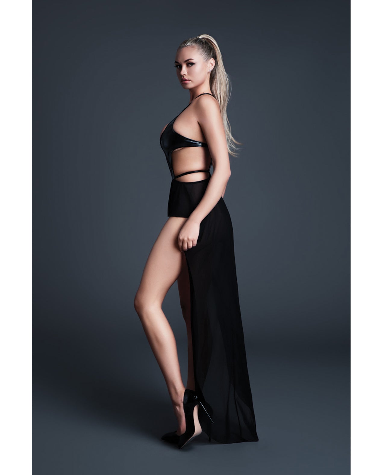 Allure Take Me Latex Look Vinyl and Mesh Teddy w/Attached Skirt - Black LG