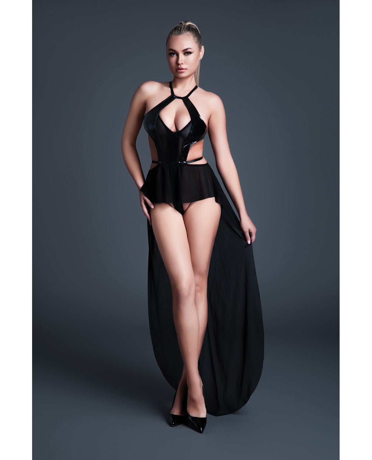 Allure Take Me Latex Look Vinyl and Mesh Teddy w/Attached Skirt - Black SM