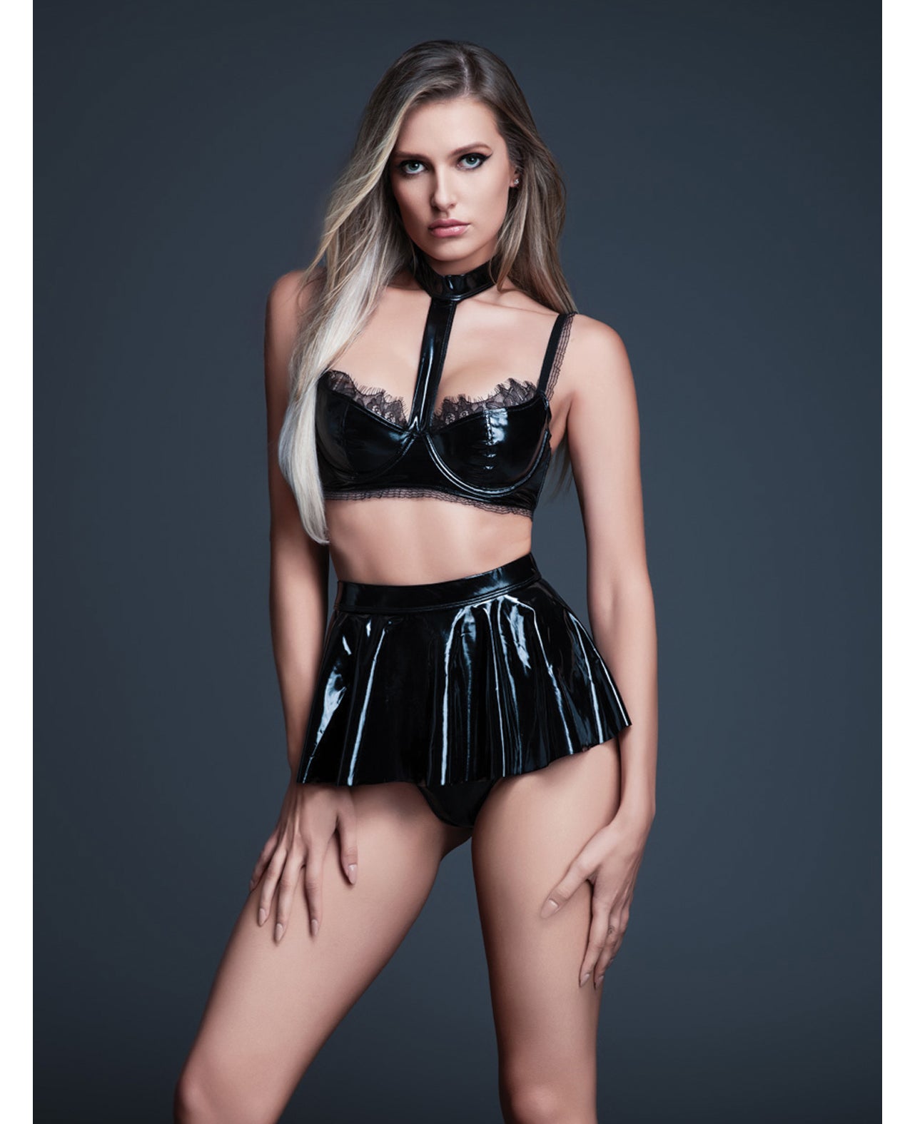 Allure Naughty Nights Latex Look Vinyl and Lace Choker Bra & Mini Skirt 2 pc Set - Black LG