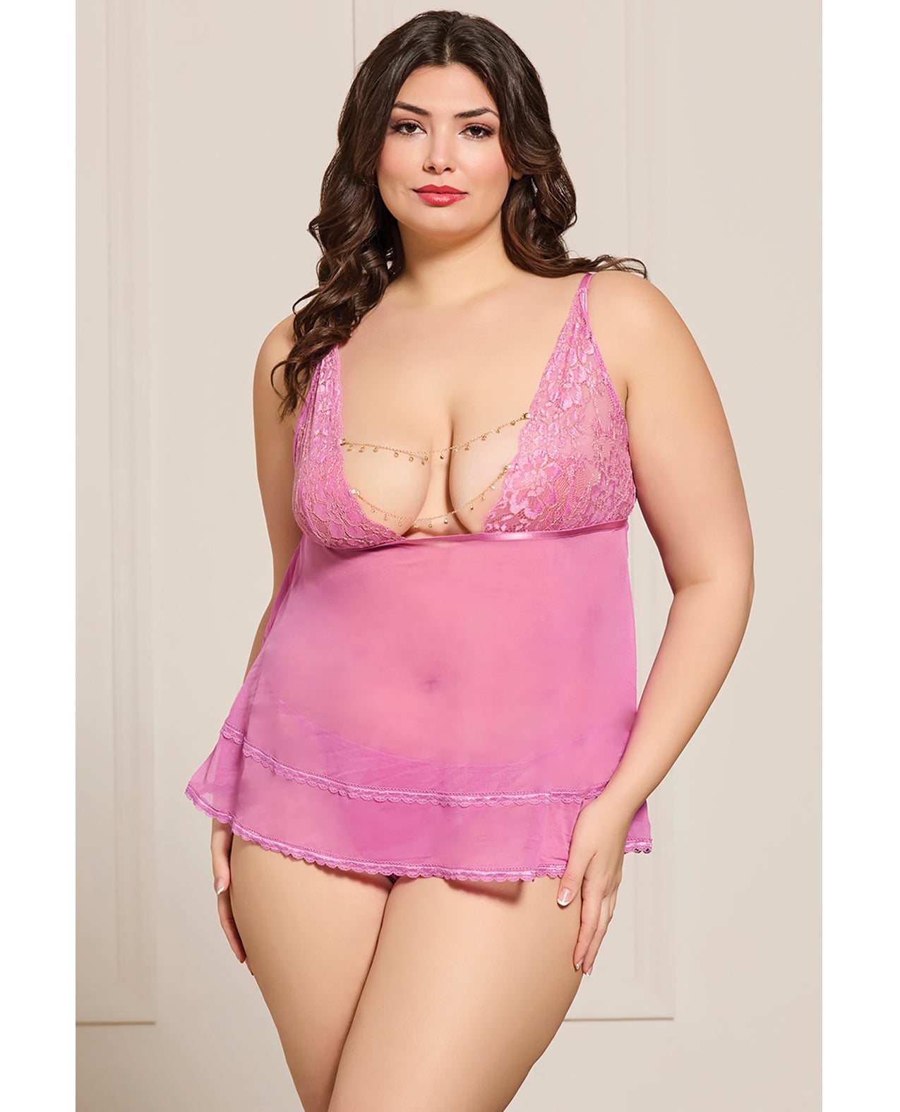 Lace and Mesh Babydoll w/Thong & Rhinestone Detail - Pink QN