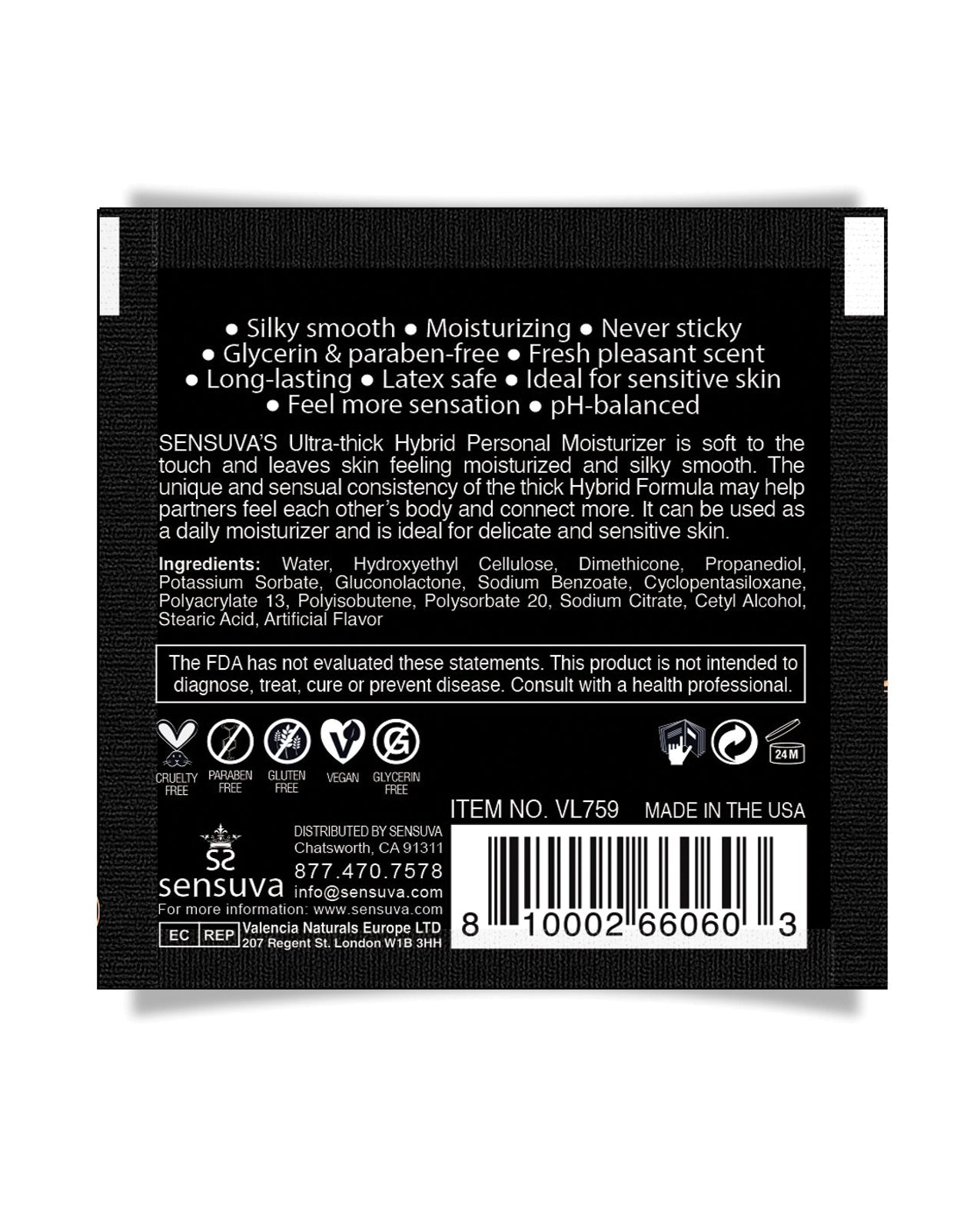 Sensuva Ultra Thick Hybrid Personal Moisturizer Single Use Packet - 6 ml Unscented