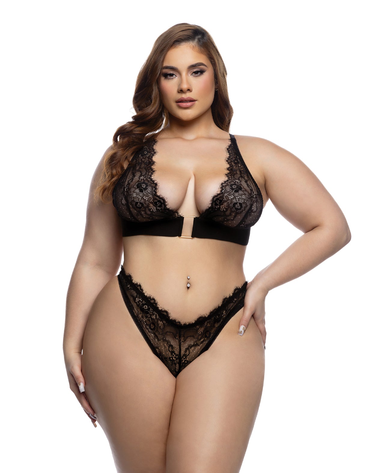 Fever Dream Chantilly Eyelash Lace and Stretch Satin Bralette w/Thong - Black 1X