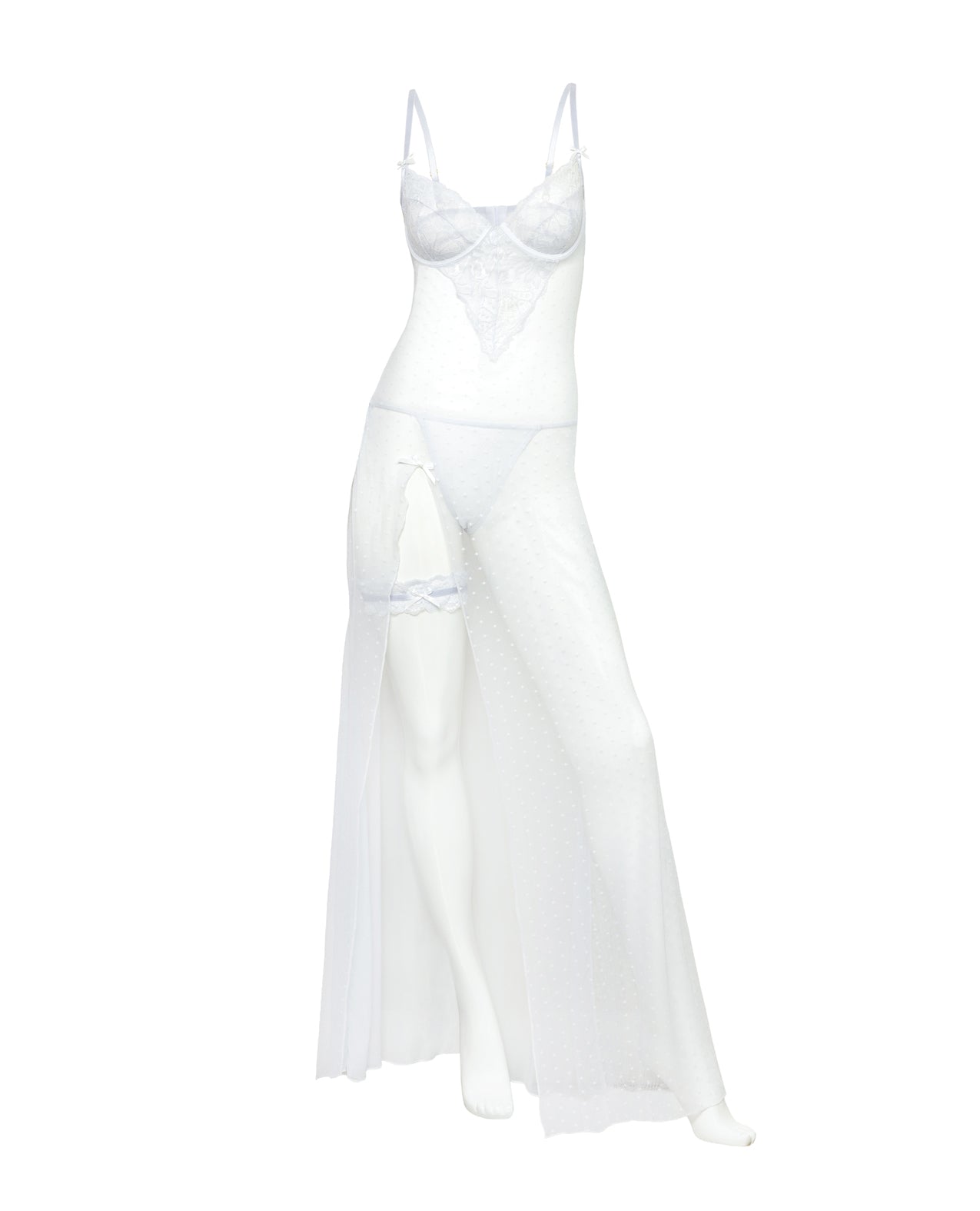Livia Dot Mesh & Lace Underwire Gown & Garter 2 pc Set - White L/XL