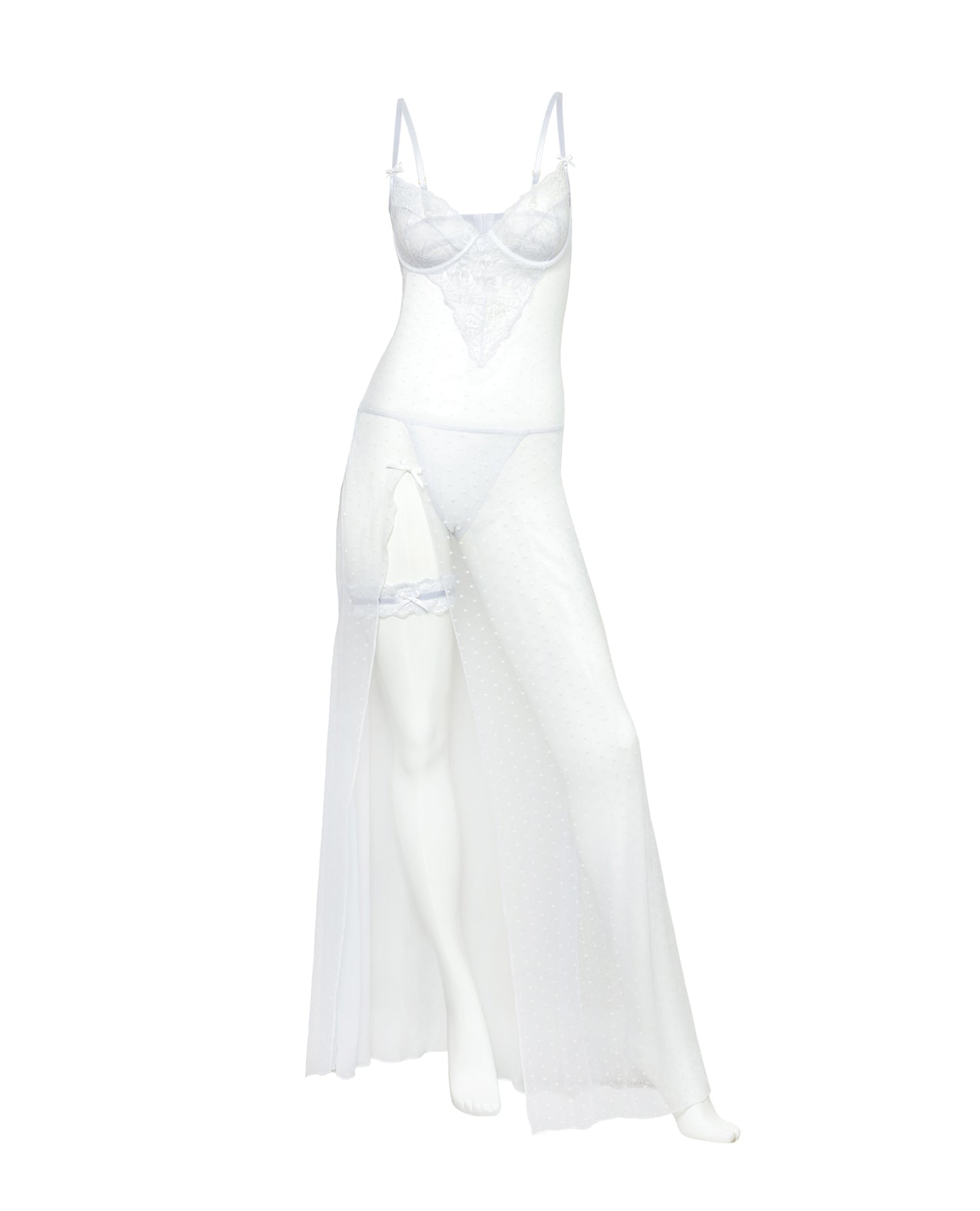 Livia Dot Mesh & Lace Underwire Gown & Garter 2 pc Set - White 1X/2X