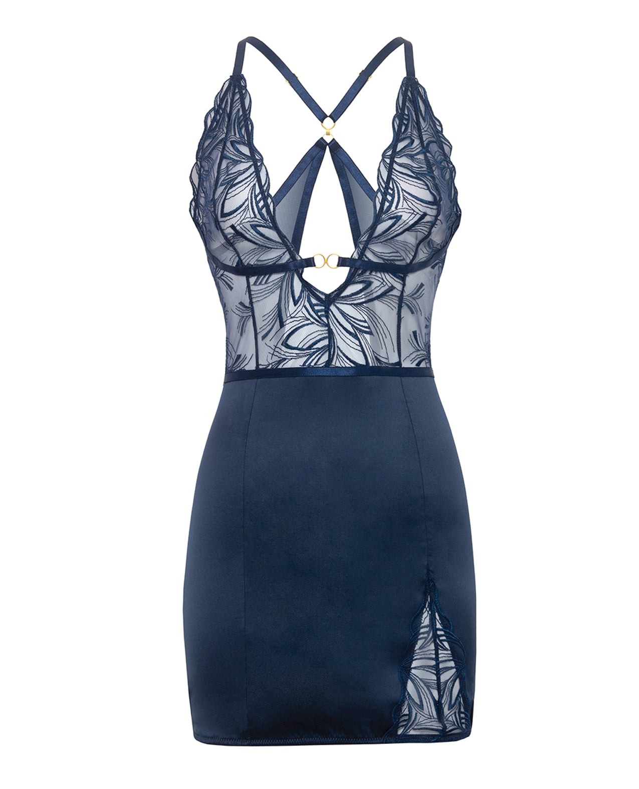 Davina V-Plunge Embroidered Babydoll w/Double Ring Charm - Navy MD