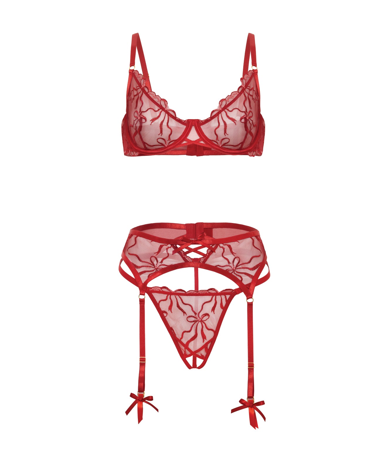 Mariah Embroidered Lace and Mesh Underwire Bra w/Garter & G-String 3 pc Set - Burgundy XL