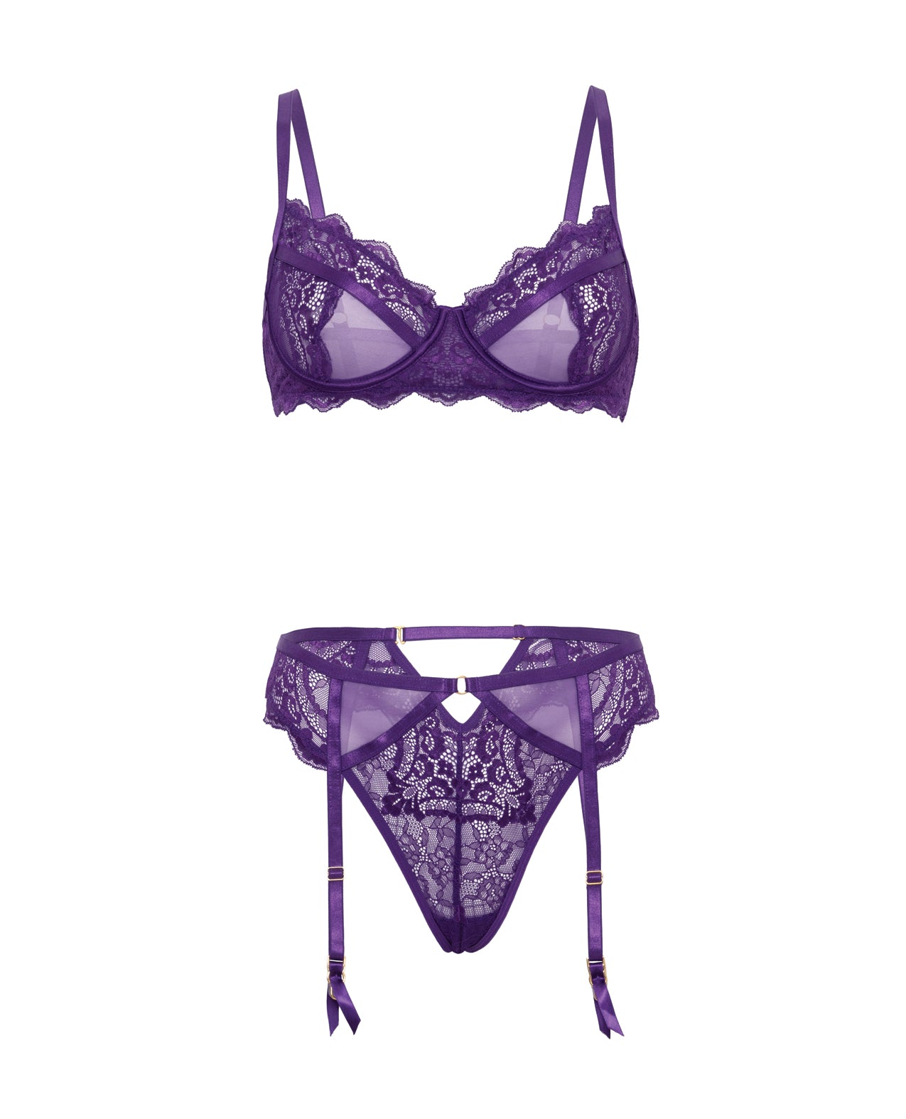 Margo Lace & Mesh Underwire Bra w/Gartered Panty 2 pc Set - Imperial Purple L/XL