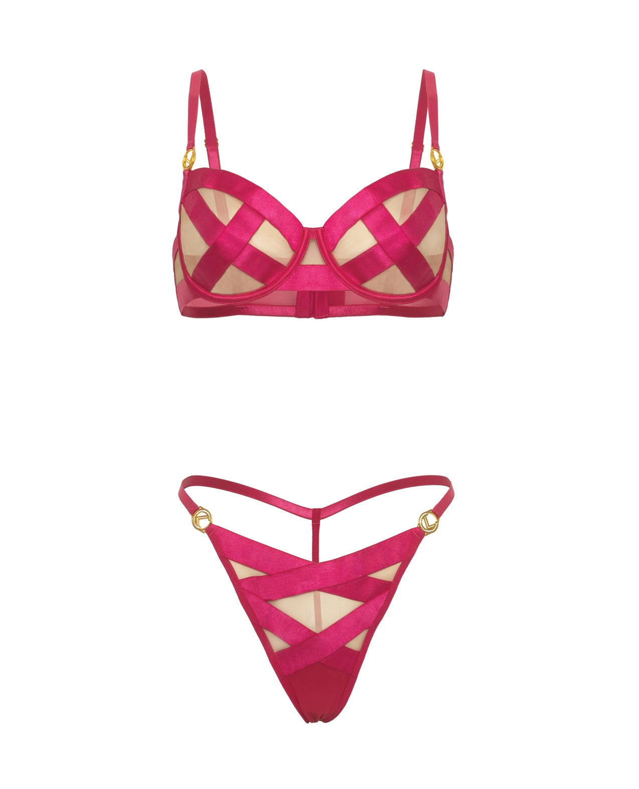 Raelynn Satin Strappy Underwire Bra w/G-String 2 pc Set - Pink Yarrow XL