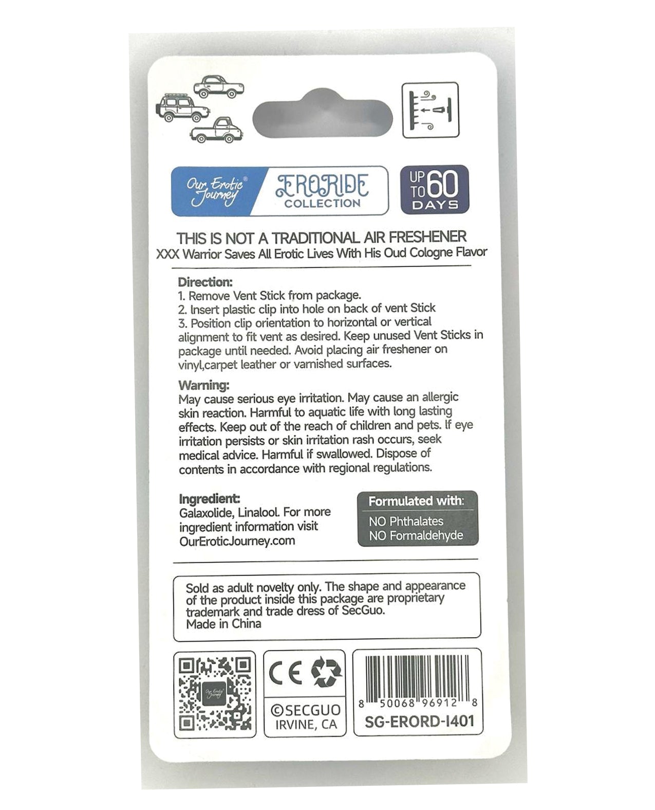 EroRide XXX Warrior Pheromone Infused Air Freshener - Oud Cologne