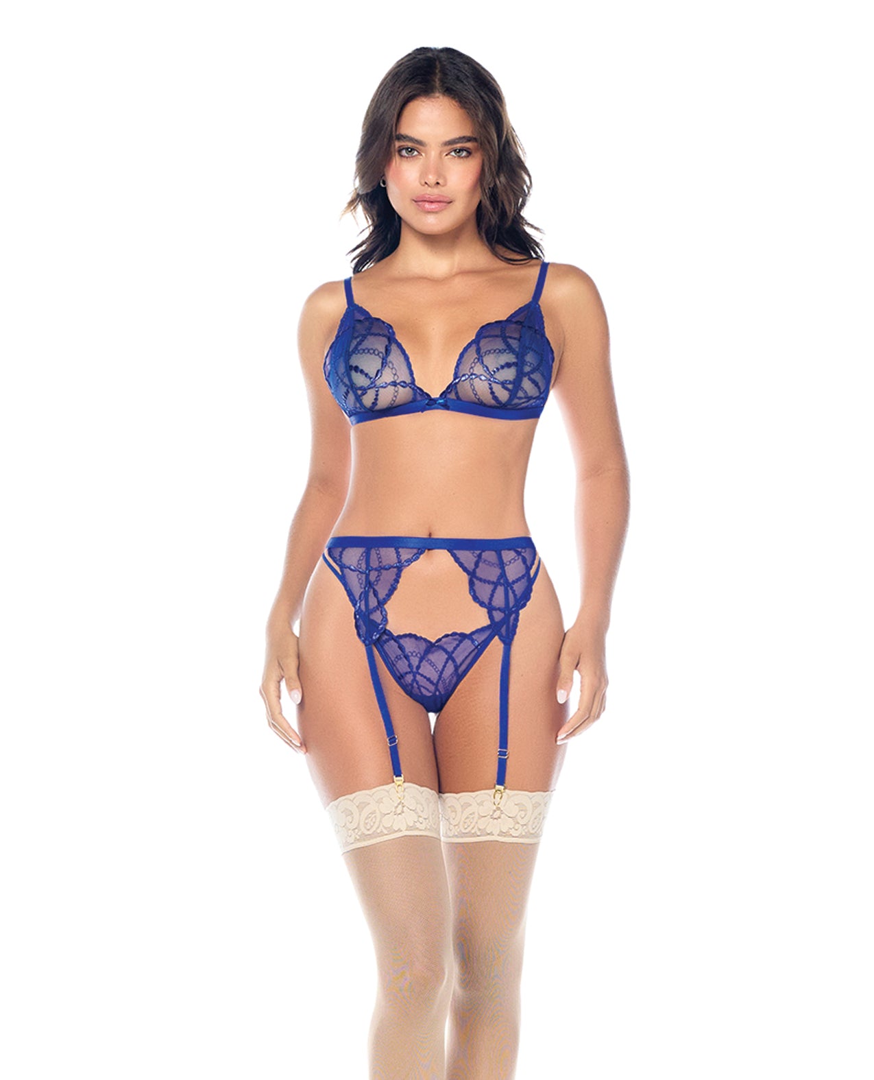 Lace Bralette w/G-String & Garter 3 pc Set - Sapphire Blue S/M