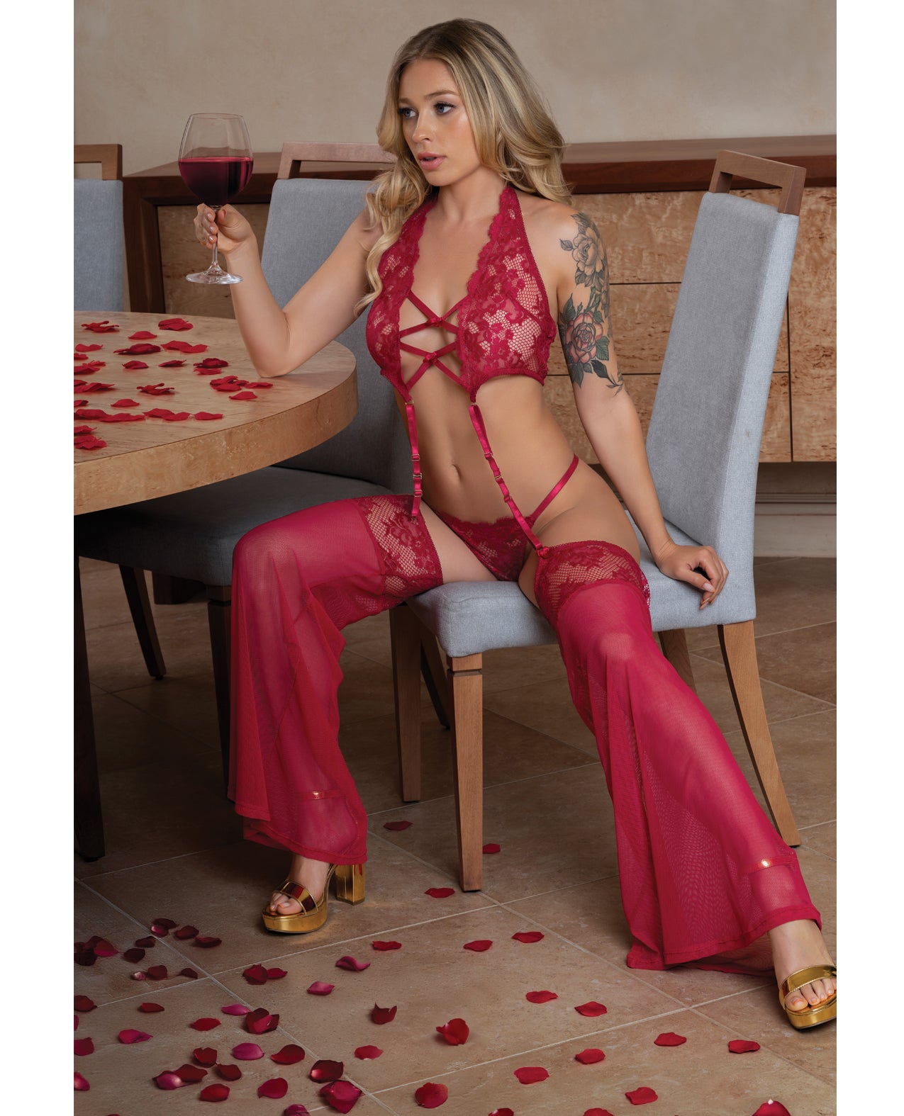 Black Cherry Plunge Top w/Removable Chaps & Cheeky Panty Set - Red L/XL