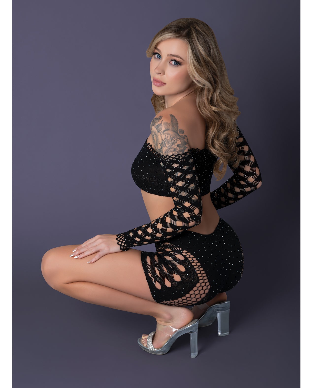 Seamless Crop Top & Short w/Crystal Details 2 pc Set - Black O/S