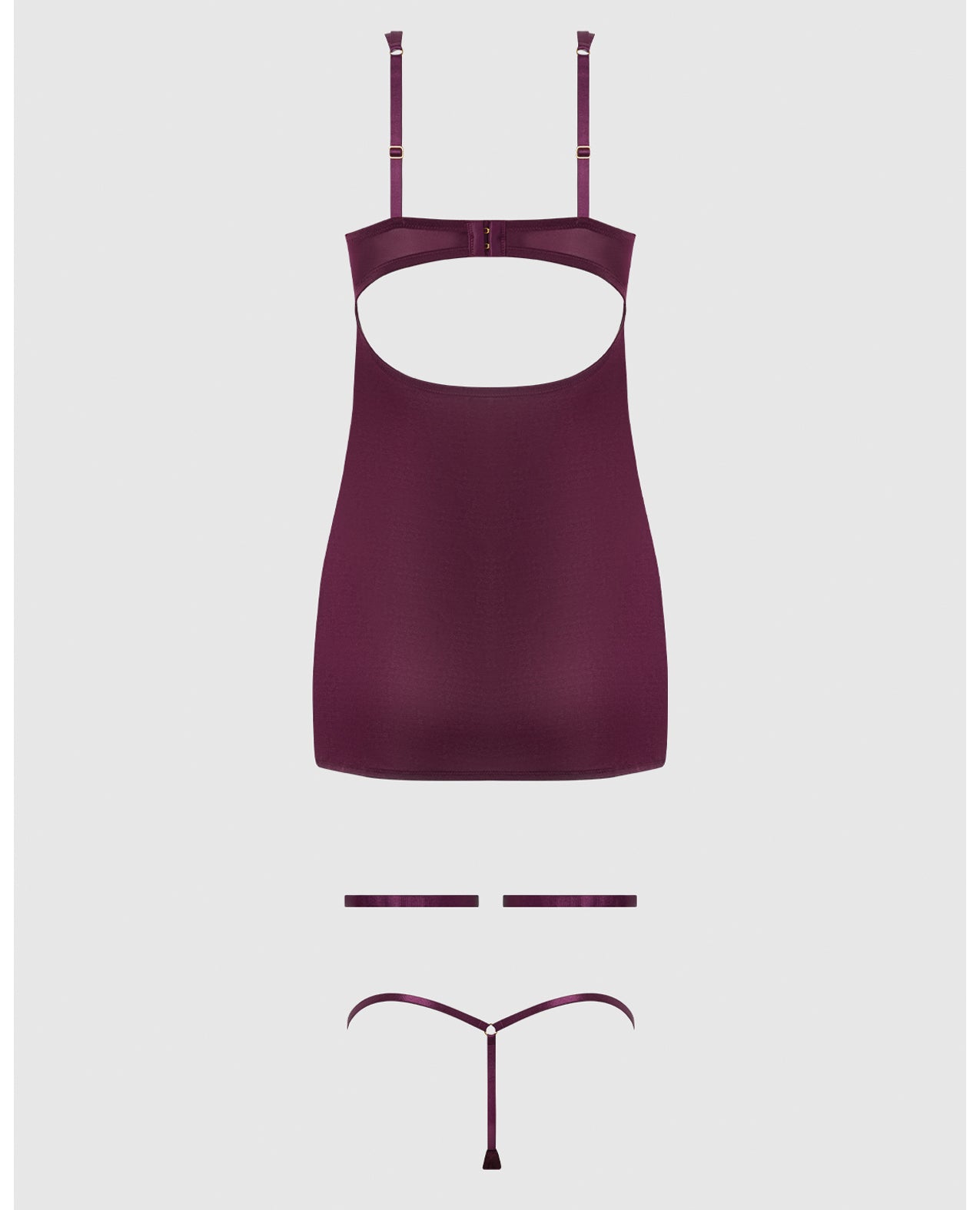 Yasmine Shimmer Mesh O-Ring Thigh Garter Chemise & G-String Set - Burgundy XL