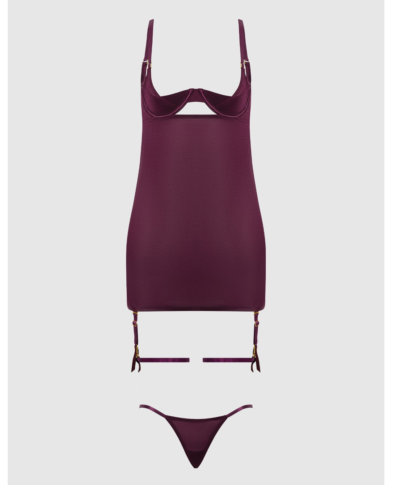 Yasmine Shimmer Mesh O-Ring Thigh Garter Chemise & G-String Set - Burgundy 3X/4X