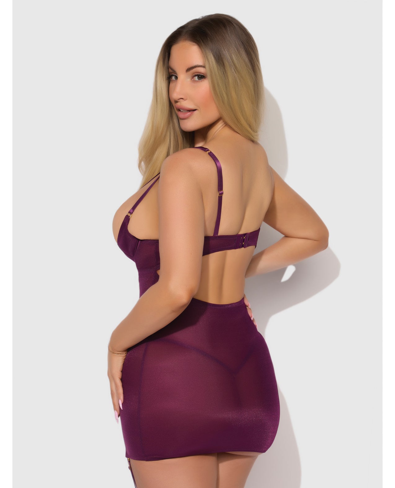 Yasmine Shimmer Mesh O-Ring Thigh Garter Chemise & G-String Set - Burgundy 1X/2X