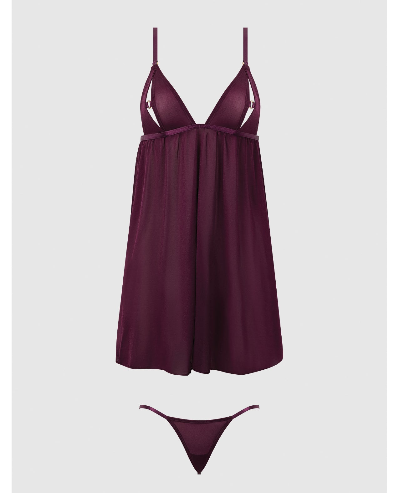 Yasmine Shimmer Mesh O-Ring Slit Cup Babydoll & G-String Set - Burgundy SM