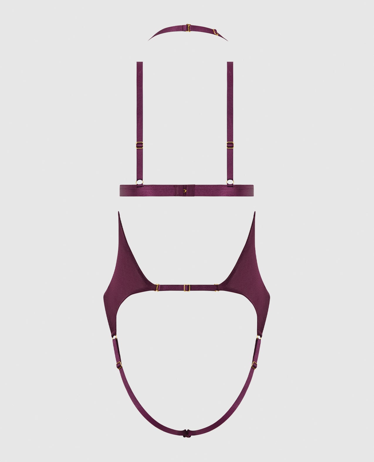 Yasmine Shimmer Mesh Slit Cup, Backless Teddy & Bralette Set - Burgundy LG