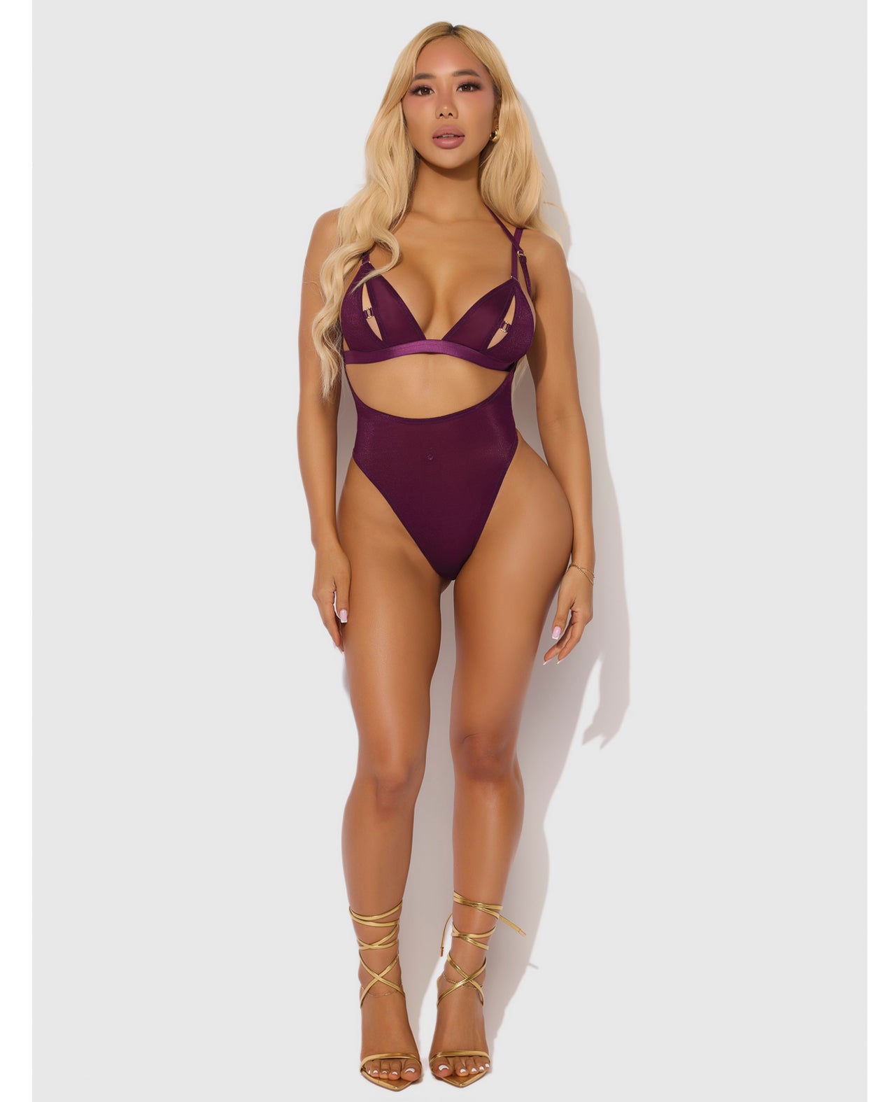 Yasmine Shimmer Mesh Slit Cup, Backless Teddy & Bralette Set - Burgundy 3X/4X