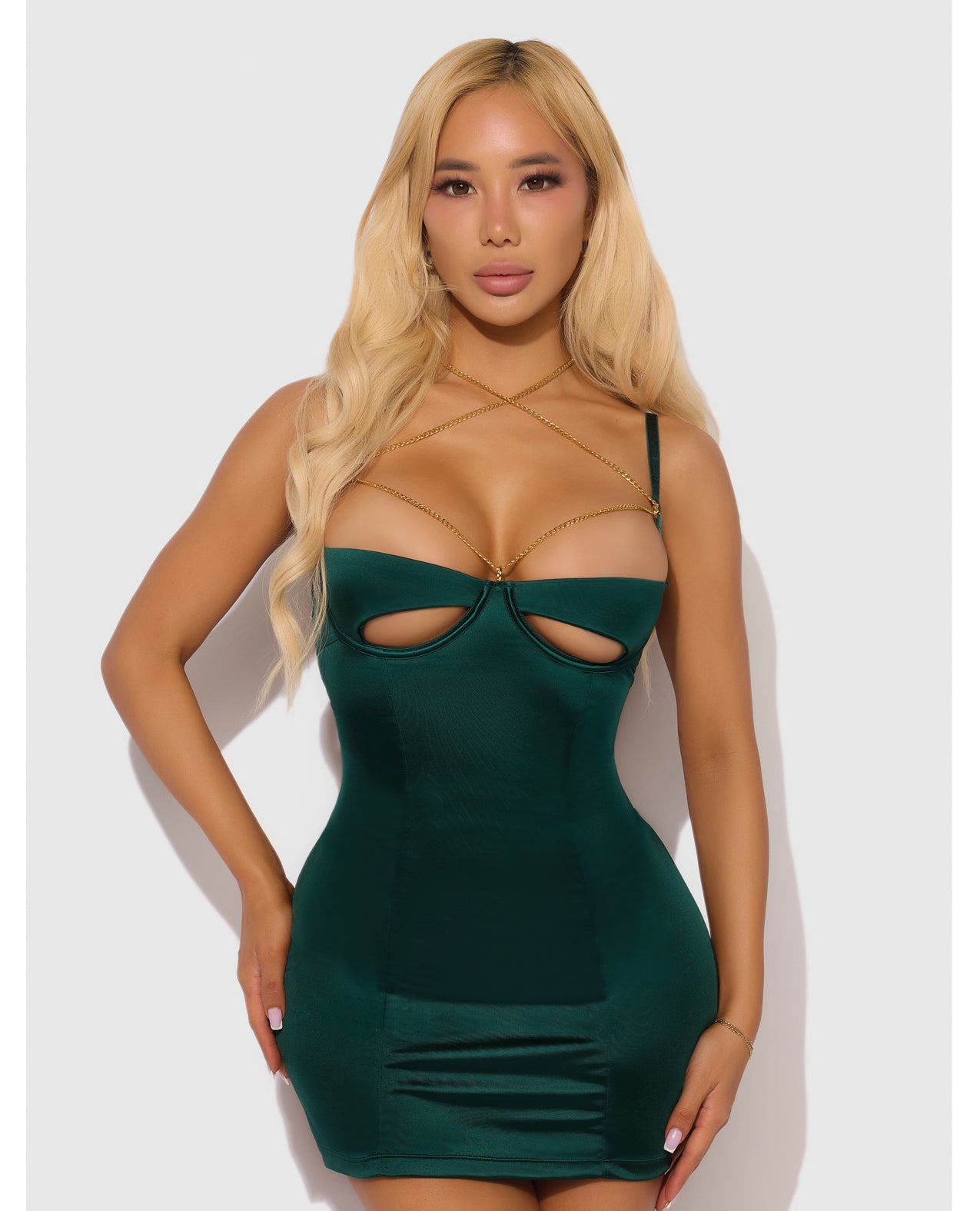 Evangeline Satin & Chain Open Cup & Back Chemise & G-String Set - Green XL