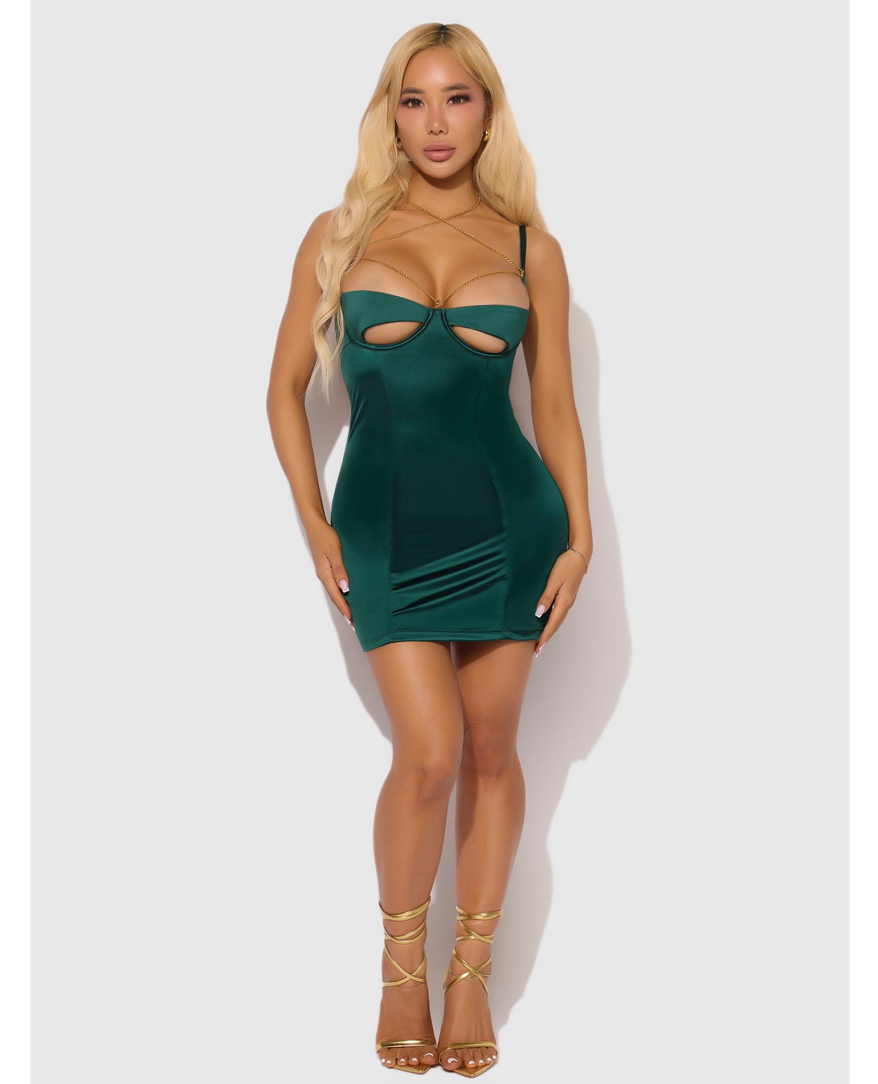 Evangeline Satin & Chain Open Cup & Back Chemise & G-String Set - Green XL