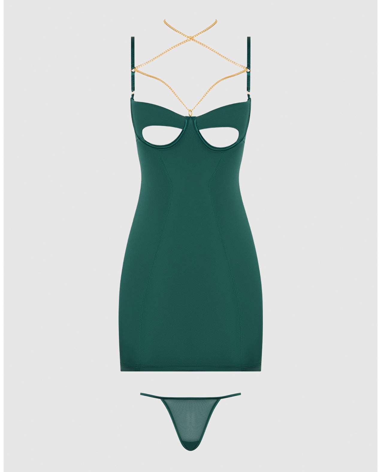 Evangeline Satin & Chain Open Cup & Back Chemise & G-String Set - Green LG