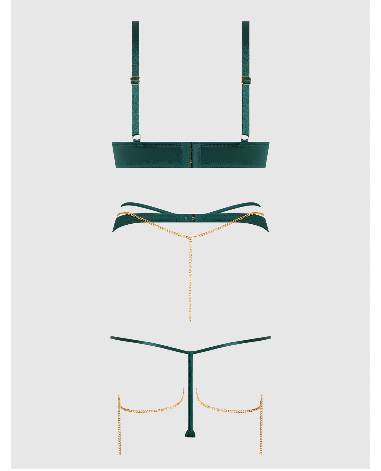 Evangeline Satin & Chain Push Up Bra, Thigh Garter Belt & G-String Set - Green XL
