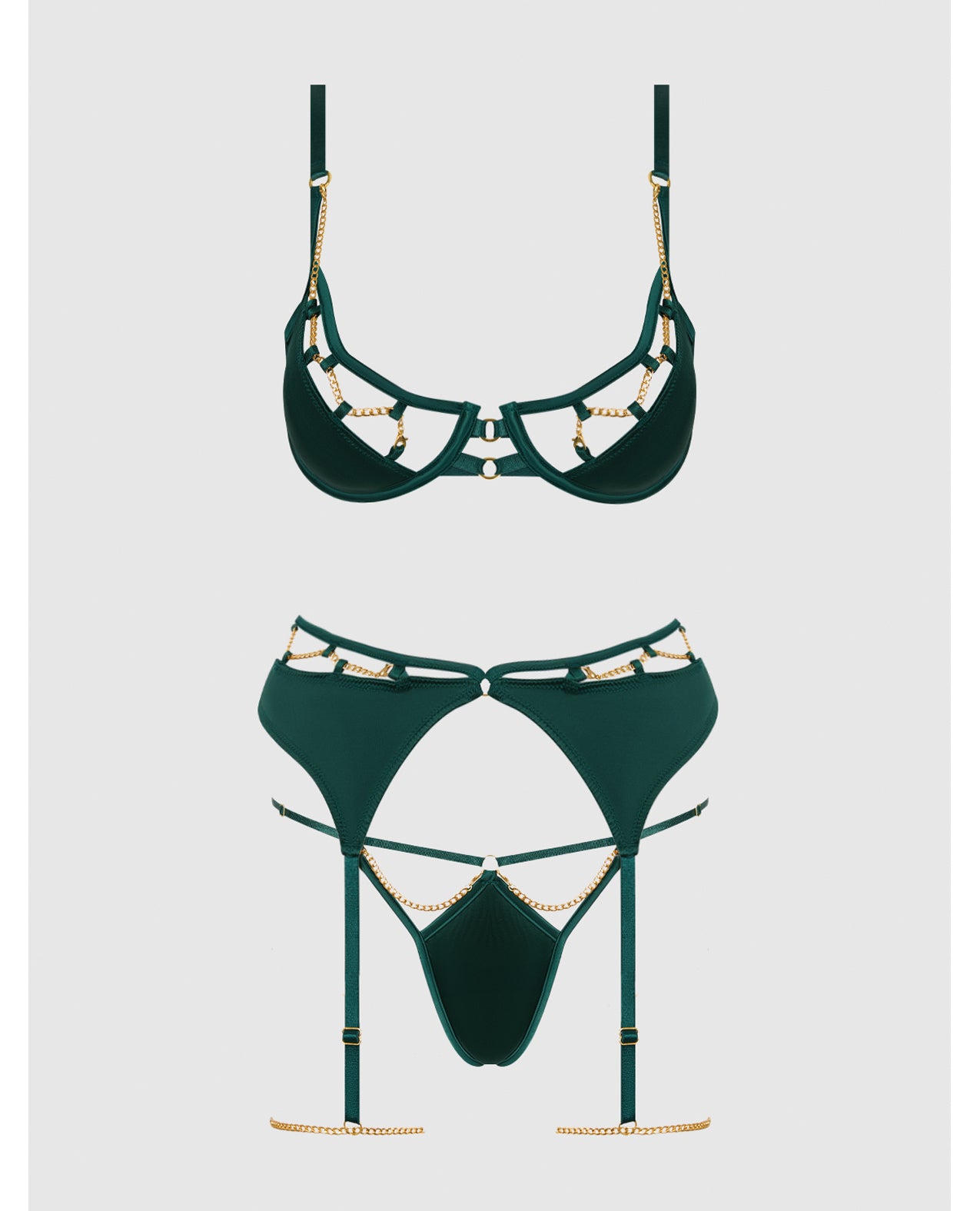 Evangeline Satin & Chain Push Up Bra, Thigh Garter Belt & G-String Set - Green SM
