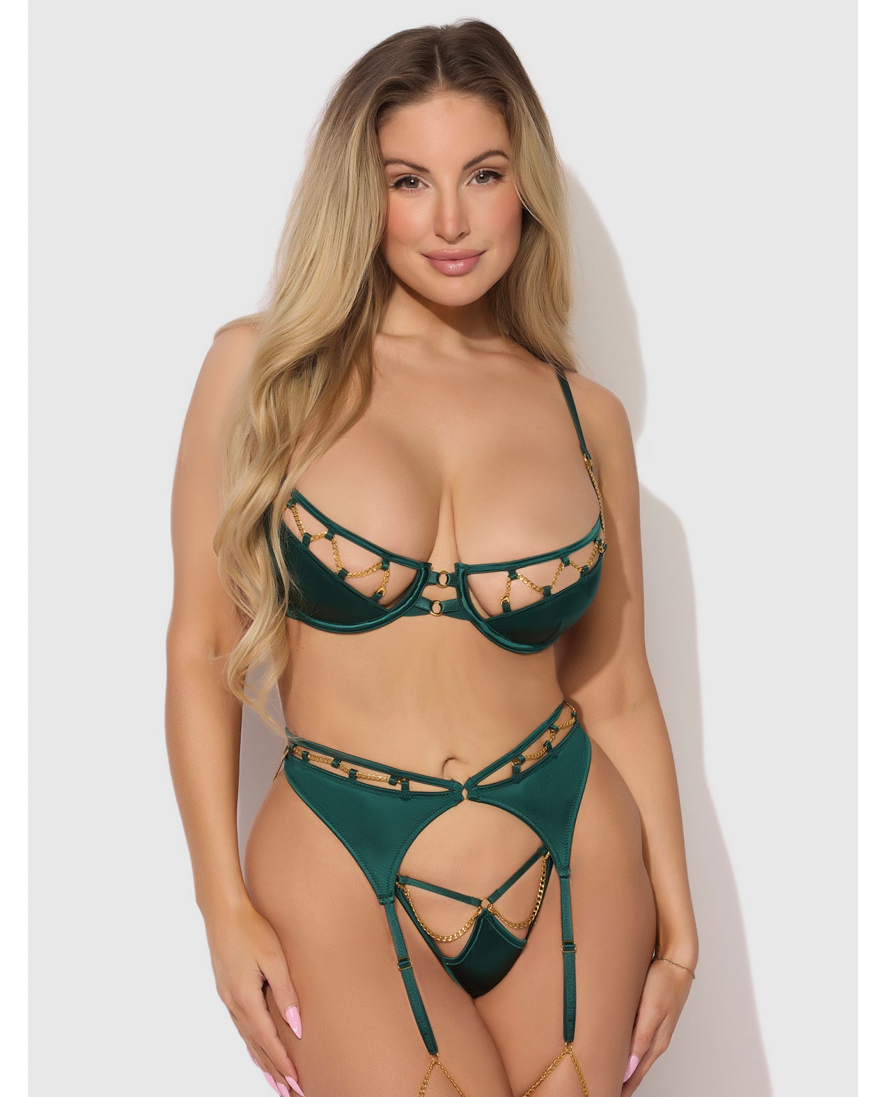 Evangeline Satin & Chain Push Up Bra, Thigh Garter Belt & G-String Set - Green LG