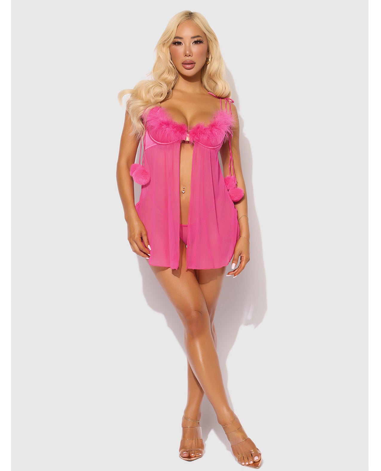 Marilyn Marabou & Mesh Babydoll & G-String Set - Pink 3X/4X