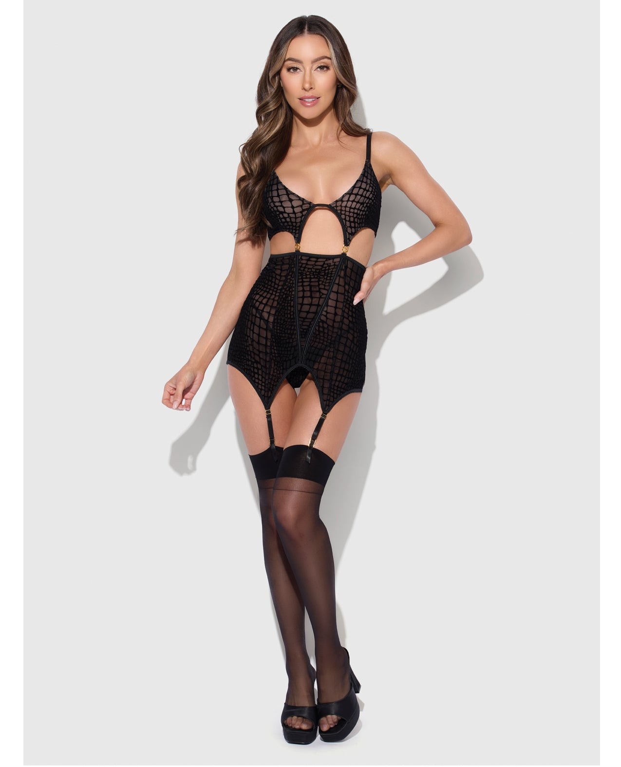 Snake Velvet-Burnout Mesh Chemise & G-String Set - Black SM