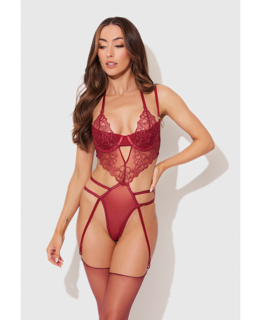 Eden Embroidered Lace & Mesh Teddy w/Garters - Dark Red SM