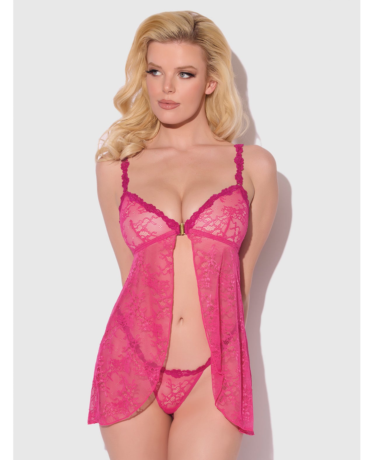 Yvone Lace Babydoll w/Front Closure & G-String 2 pc Set - Pink XL