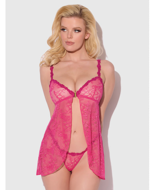 Yvone Lace Babydoll w/Front Closure & G-String 2 pc Set - Pink MD