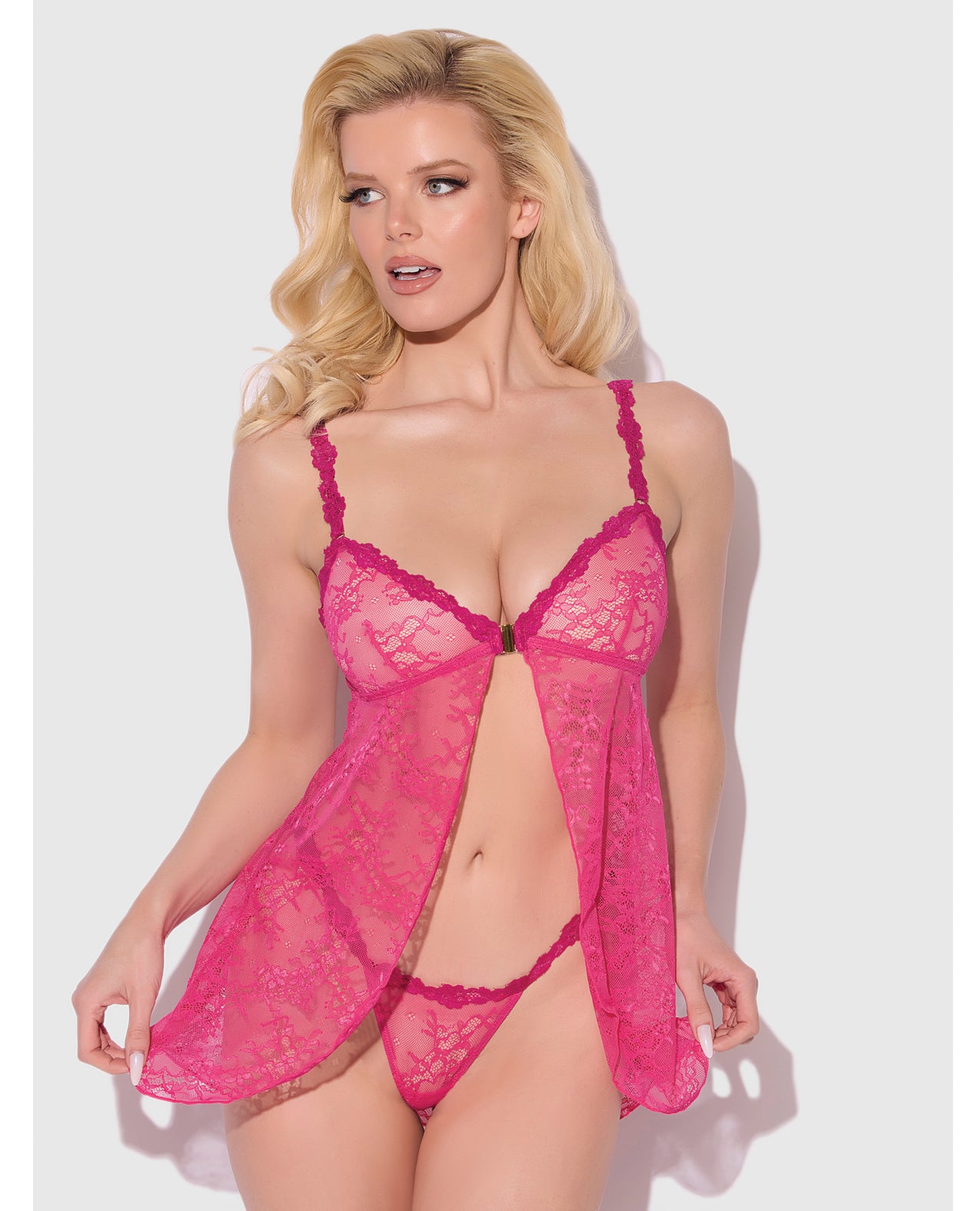Yvone Lace Babydoll w/Front Closure & G-String 2 pc Set - Pink MD