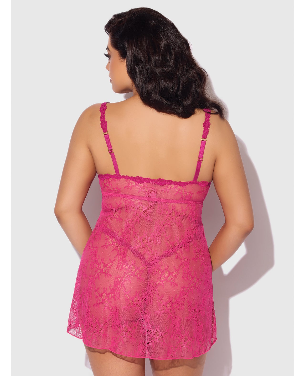 Yvone Lace Babydoll w/Front Closure & G-String 2 pc Set - Pink 1X/2X