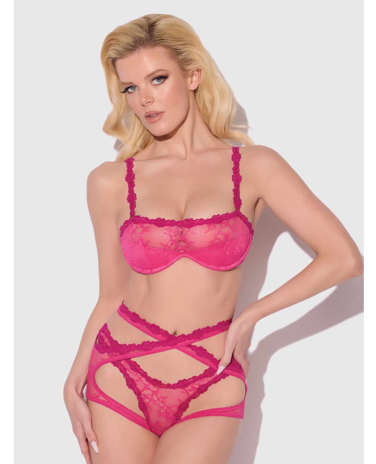 Yvone Lace Bra w/Removable Straps, Garter & Tanga Panty 3 pc Set - Pink XL