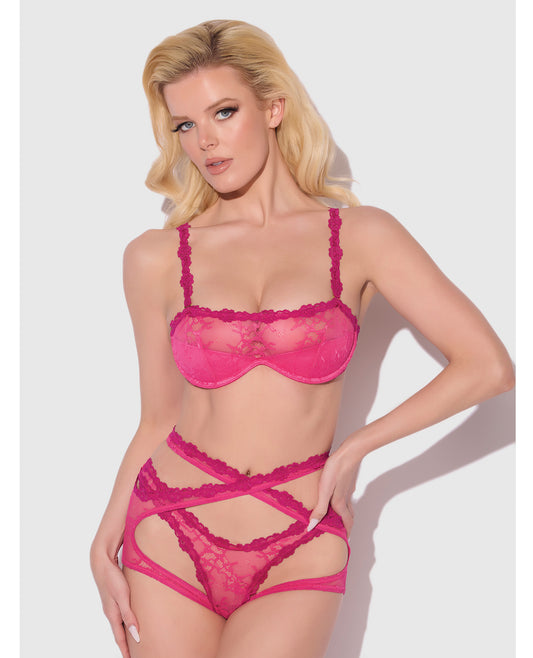 Yvone Lace Bra w/Removable Straps, Garter & Tanga Panty 3 pc Set - Pink MD