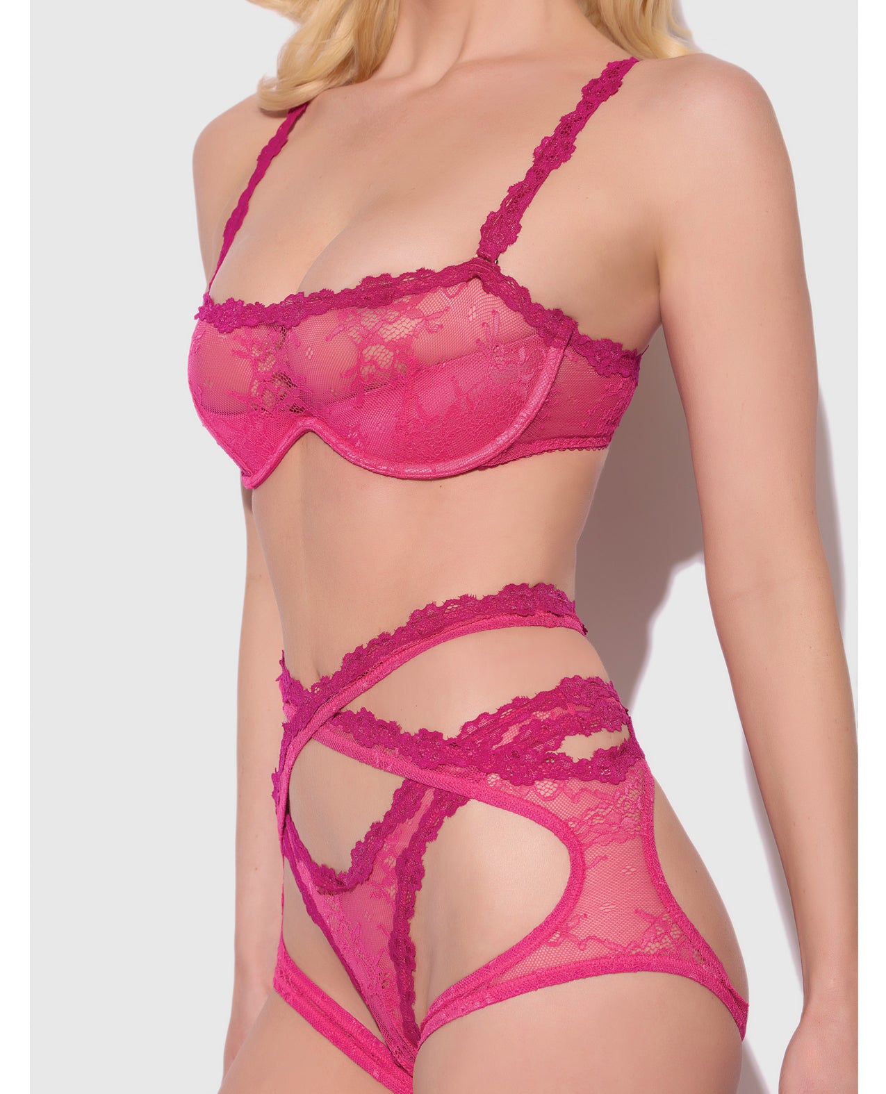 Yvone Lace Bra w/Removable Straps, Garter & Tanga Panty 3 pc Set - Pink LG