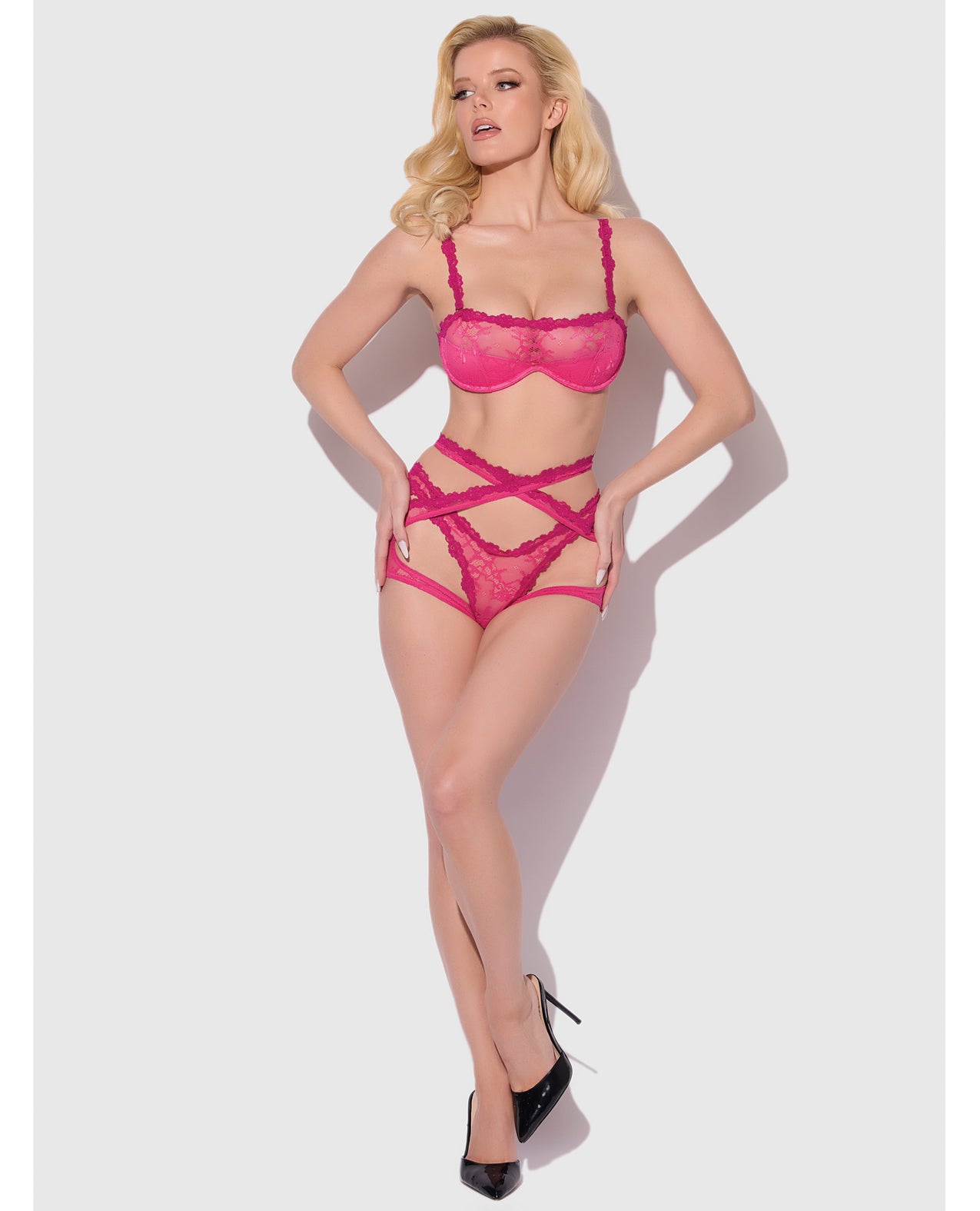 Yvone Lace Bra w/Removable Straps, Garter & Tanga Panty 3 pc Set - Pink LG