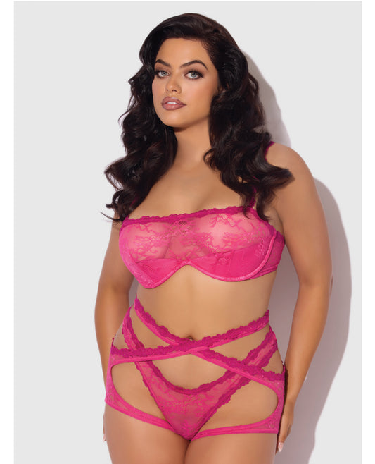 Yvone Lace Bra w/Removable Straps, Garter & Tanga Panty 3 pc Set - Pink 3X/4X