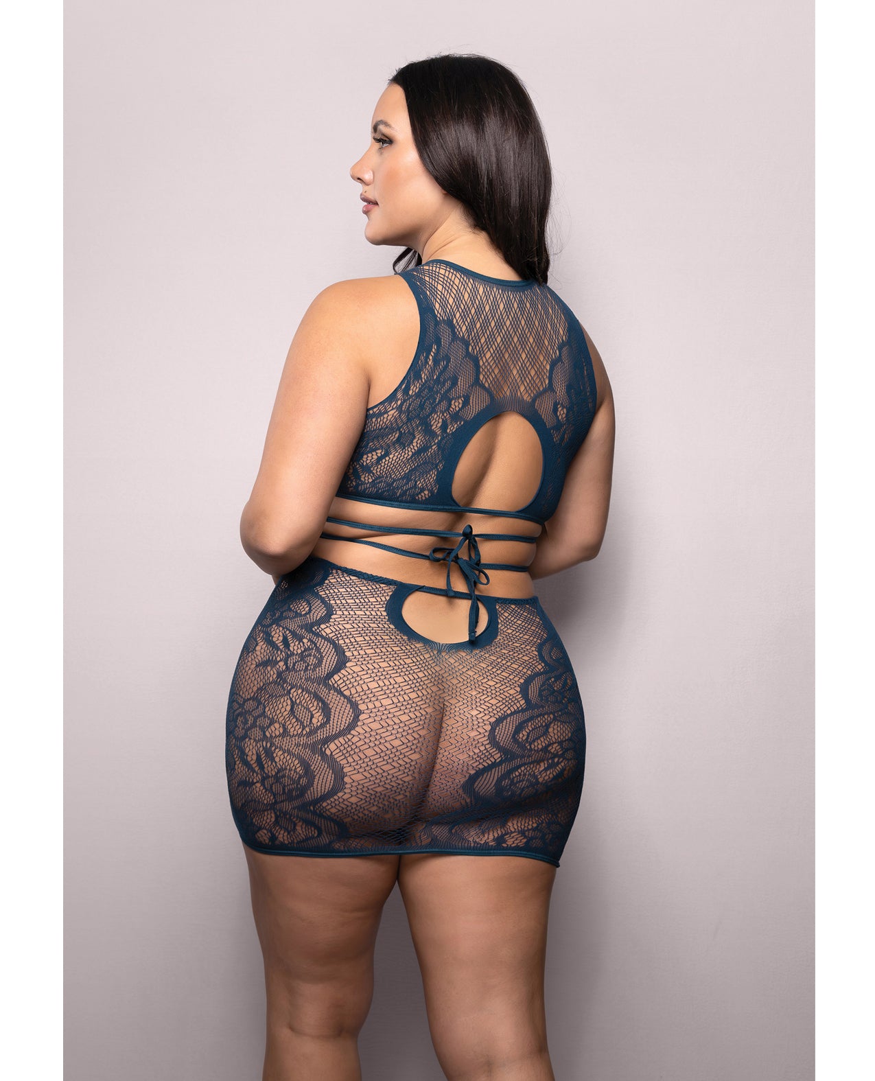 Vixen Floral Lace Knit Tie Back Top w/Skirt 2 pc Set - Navy QN