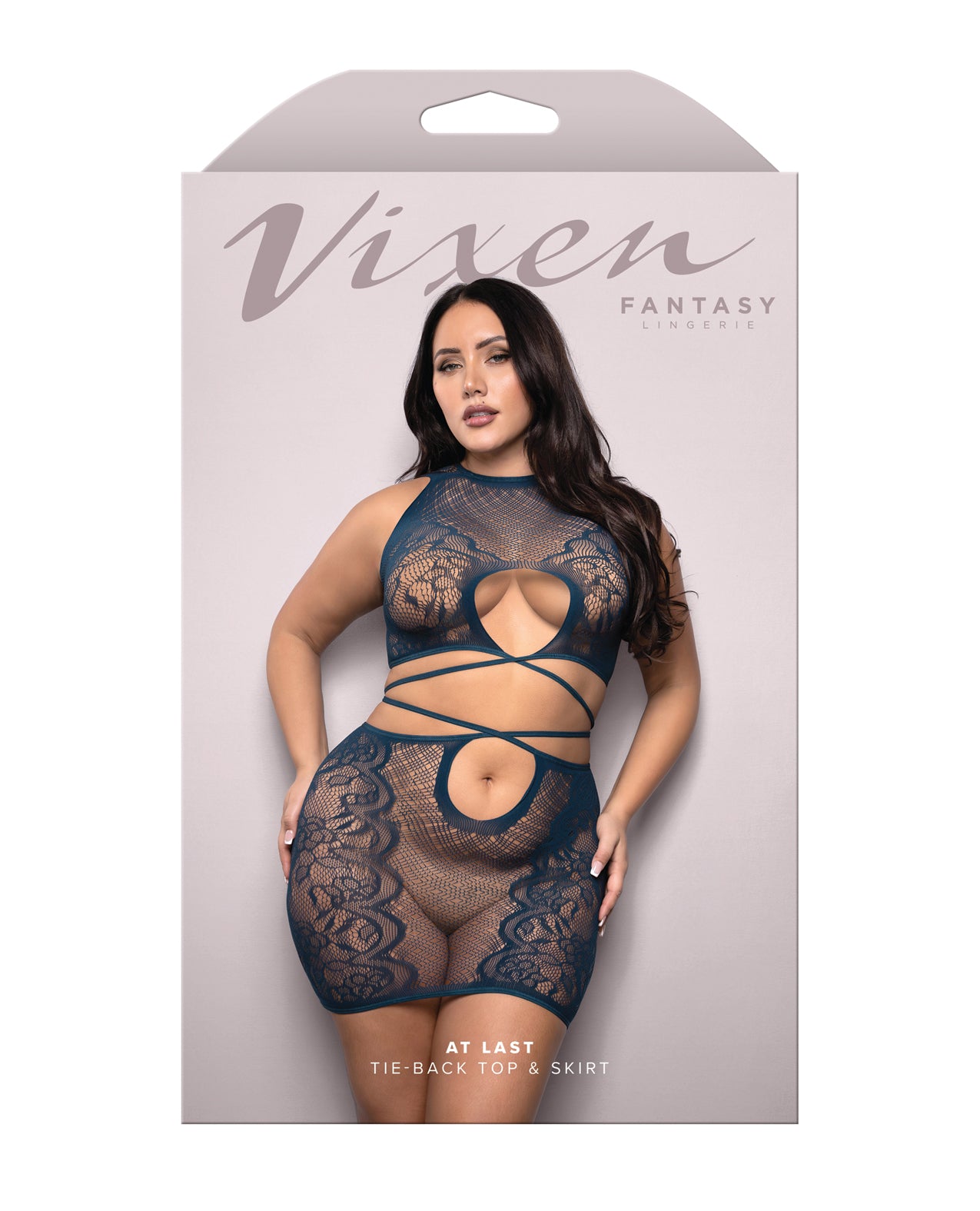 Vixen Floral Lace Knit Tie Back Top w/Skirt 2 pc Set - Navy QN